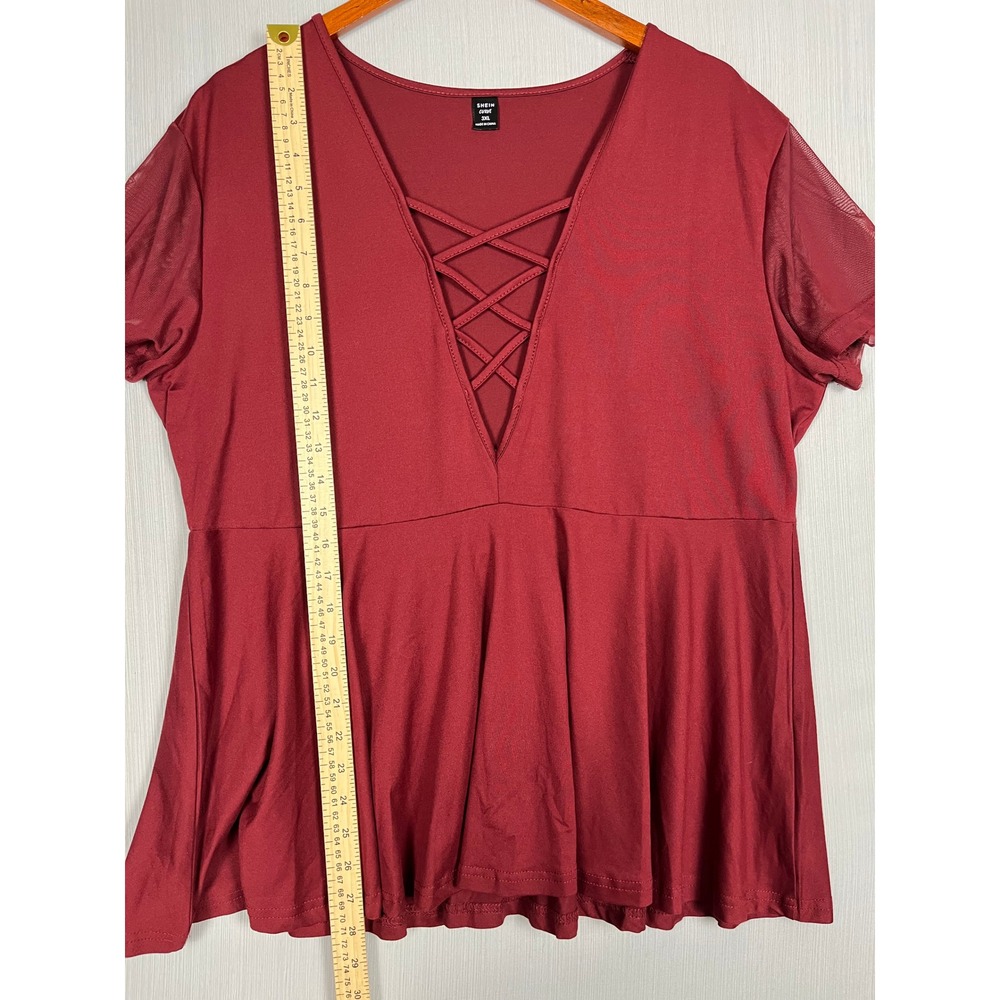 Peplum Top Women 3XL Burgundy Mesh Sleeve Lattice V-Neck Babydoll Goth Romantic - Picture 9 of 9